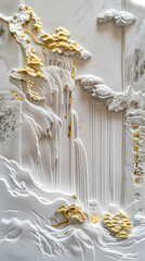 3d Bas-relief, Volumetric stucco molding on a concrete wall with golden elements, Japanese landscape, waterfall, mountains.