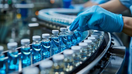 the hand of a pharmaceutical factory worker in a glove during the manufacture of medicines on the conveyor line of a pharmaceutical plant