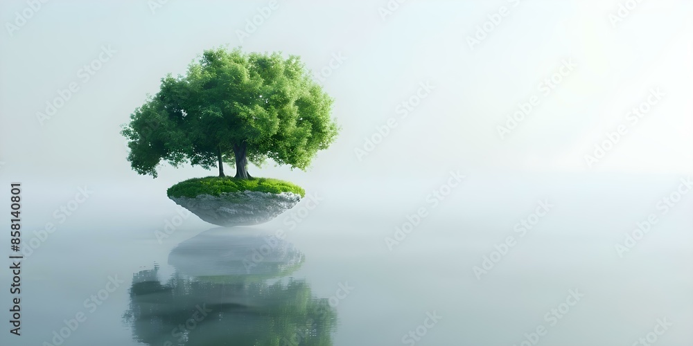 Poster creating a 3d rendering of a lush green forest island floating in the air. concept 3d rendering, for