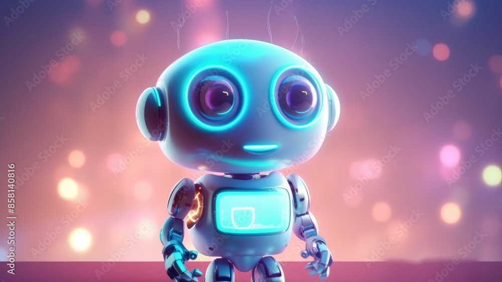 Poster science fiction picture of cute robot for chat bot program, assistance technology about information 