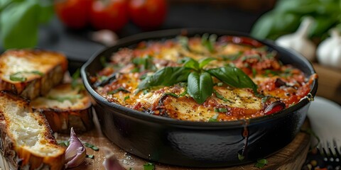 Fototapeta premium Delicious Eggplant Parmesan with Fresh Basil and Garlic Bread in a Cozy Restaurant. Concept Italian Cuisine, Comfort Food, Restaurant Ambiance, Fresh Ingredients, Vegetarian Options