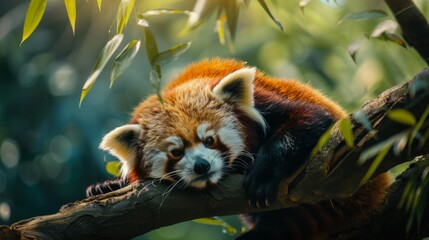 A red panda is resting on a tree branch