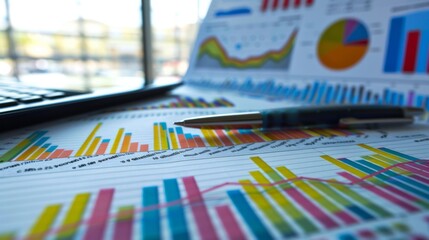 A pen is on top of a stack of colorful graphs