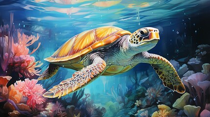 An artistic watercolor illustration of an underwater scene, teeming with marine life such as colorful fish, corals, seaweed, and a majestic sea turtle. Illustration, Minimalism,