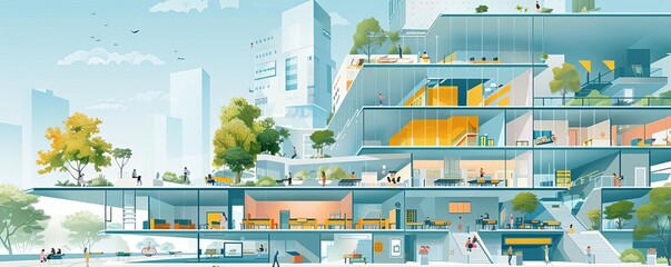 A school built into the side of a skyscraper, with an open atrium and visible classrooms, Modern, Illustration