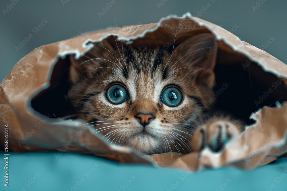 Poster charming kitten with its head through a torn hole in a paper sheet, plain background,