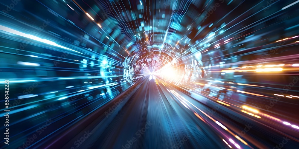 Poster futuristic spaceship tunnel with time warp portal lightspeed motion graphics aesthetic. concept spac