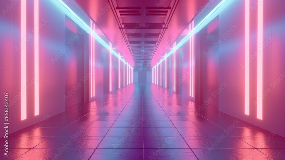 Poster empty futuristic illuminated corridor with neon lights and sleek modern design, 3d generated concept
