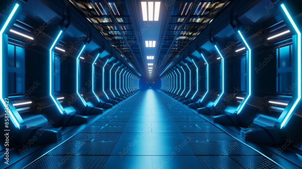 Poster empty futuristic illuminated corridor with neon lights and sleek modern design, 3d generated concept