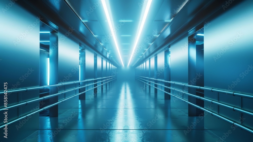 Poster empty futuristic illuminated corridor with neon lights and sleek modern design, 3d generated concept