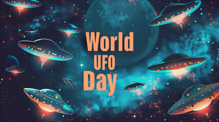 World UFO day with glowing spaceships in the night sky