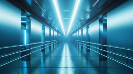 Empty Futuristic Illuminated Corridor with Neon Lights and Sleek Modern Design, 3D Generated...