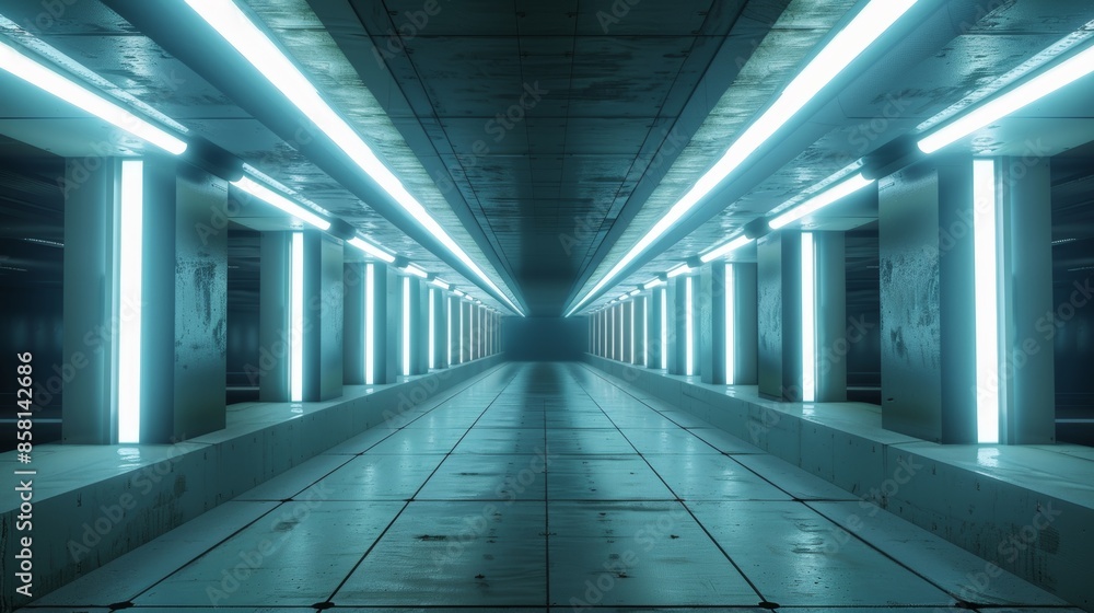 Aufkleber empty futuristic illuminated corridor with neon lights and sleek modern design, 3d generated concept