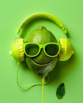 A lime wearing sunglasses and headphones, smiling against a vibrant green background. Advertising photo. Minimal summer, music and food concept