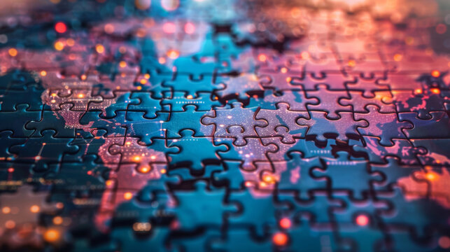 global collaboration, collaboration in global business shown by jigsaw puzzle world map pieces on a digital banner