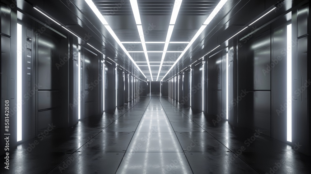 Poster empty futuristic illuminated corridor with neon lights and sleek modern design, 3d generated concept