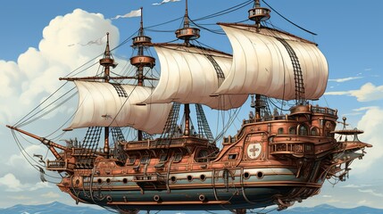 Naklejka premium An intricate, high-quality illustration of a steampunk airship, with elaborate mechanical details, gears, and a vintage, adventurous aesthetic. Illustration, Minimalism,
