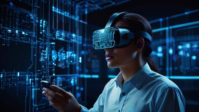 A woman wearing a virtual reality headset with a futuristic background.