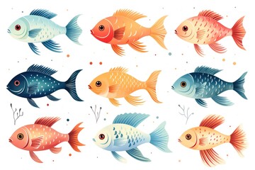 Colorful watercolor set of fish of different colors on a white background.