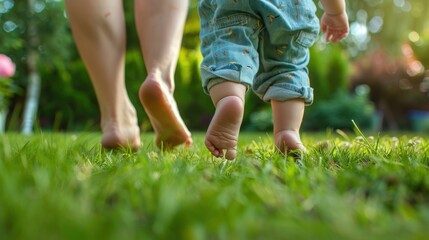 Fototapeta premium Baby Learns to Walk with Help of His Mother on Green Grass