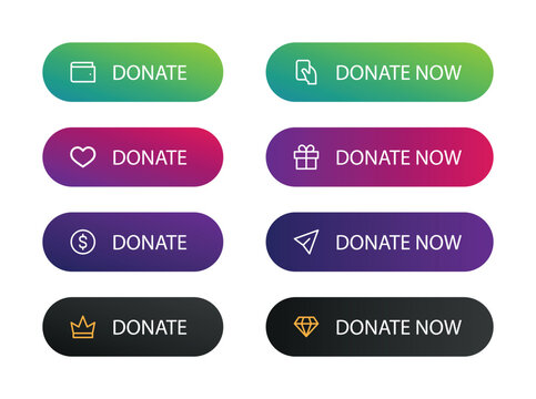 Donate button ui elements set. Donate now button with wallet, heart, money, gift, card icons