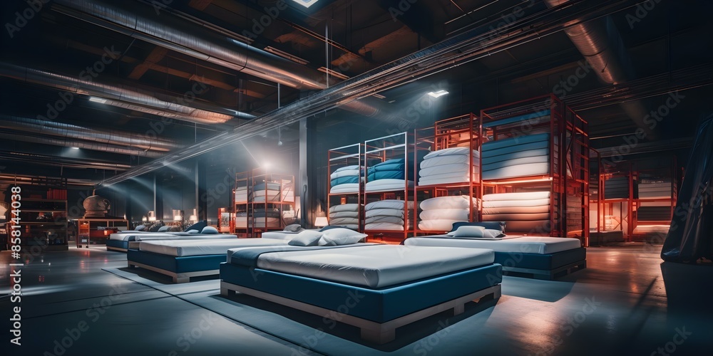 Poster factory prioritizes ambient lighting over optimizing mattress production process space arrangement. 