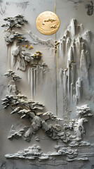 3d Bas-relief, Volumetric stucco molding on a concrete wall with golden elements, Japanese landscape, waterfall, mountains.