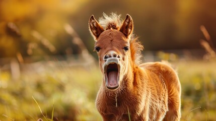 A small brown horse with a mouth open, looking at the camera