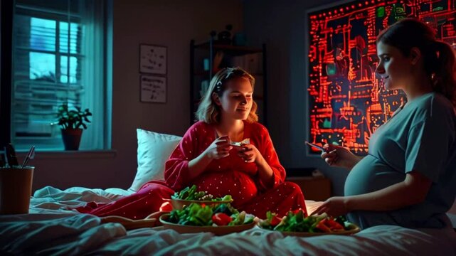 This is a video of two pregnant women sitting on a bed and eating a meal.