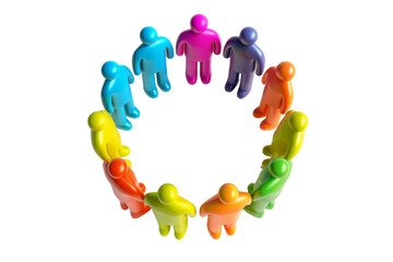 Colorful 3D figures holding hands in a circle symbolizing unity, collaboration, teamwork, and diversity isolated on a transparent background.