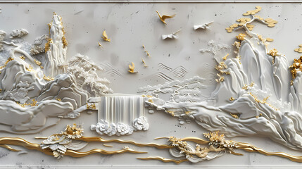 3d Bas-relief, Volumetric stucco molding on a concrete wall with golden elements, Japanese landscape, waterfall, mountains.