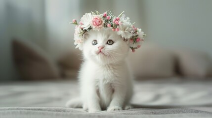 Adorable white kitten with floral crown on gray backdrop