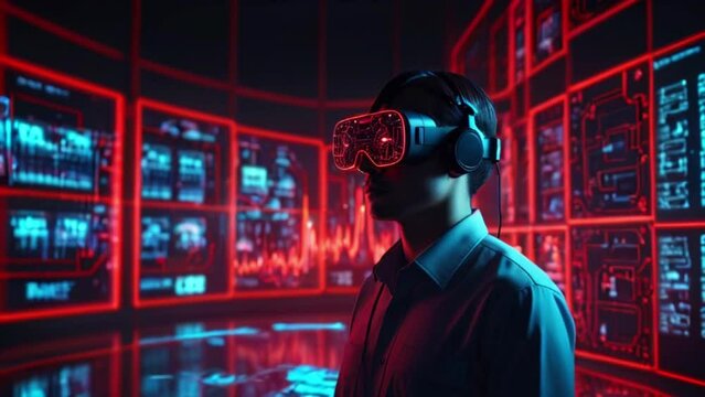 A person wearing a virtual reality headset stands in a red, virtual space.