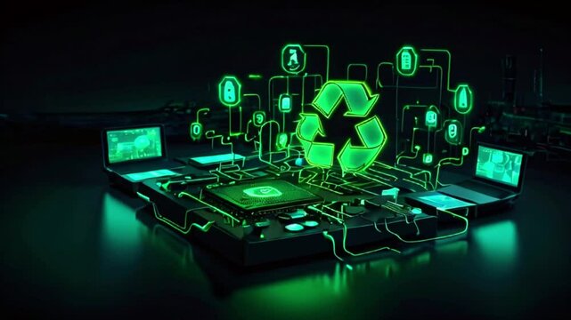 A green circuit board with a glowing green recycle symbol in the center.
