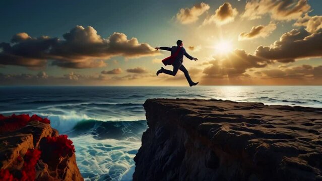 A man is jumping over a cliff into the ocean. The sun is setting in the background.