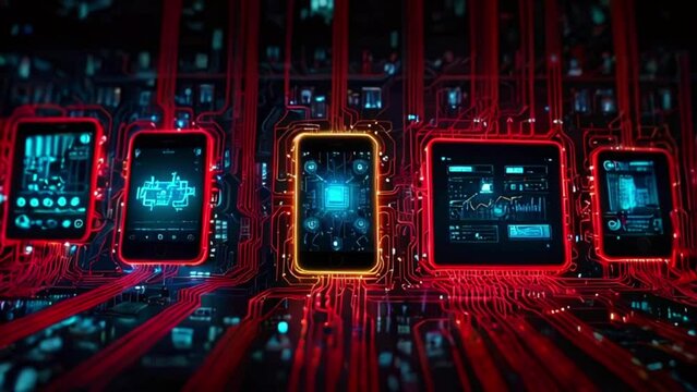 This is a digital composite video of several glowing red circuit boards with a futuristic design.
