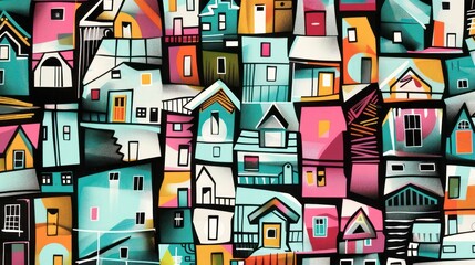 Geometric shapes with a variety of colored houses of different shapes and colors on an abstract background.