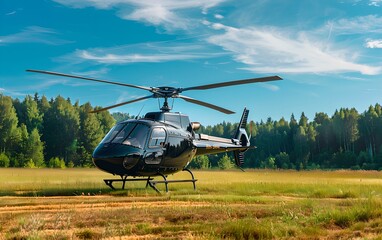 A private helicopter parked in meadow with forest in the background. Business aviation and air travel concept. Commercial chopper
