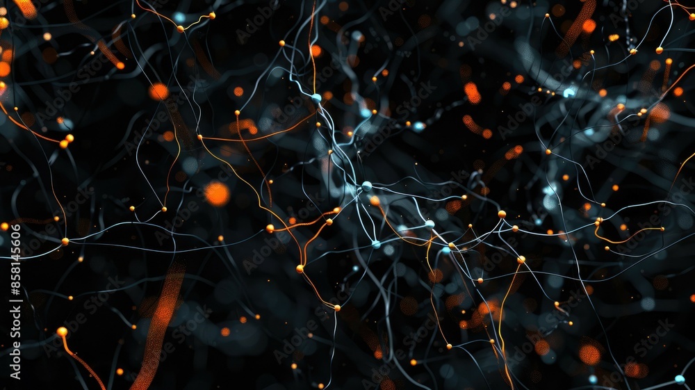 Poster depiction of an intricate network in a digital artwork, featuring interconnected lines and luminous 