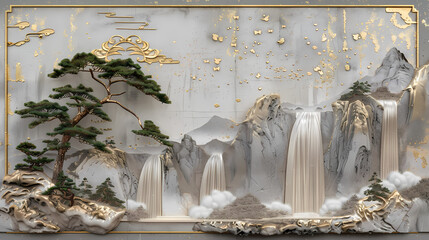3d Bas-relief, Volumetric stucco molding on a concrete wall with golden elements, Japanese landscape, waterfall, mountains.