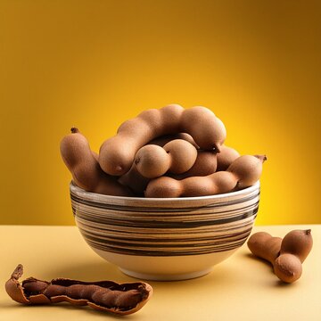 Fresh delicious ripe tamarind on yellow background