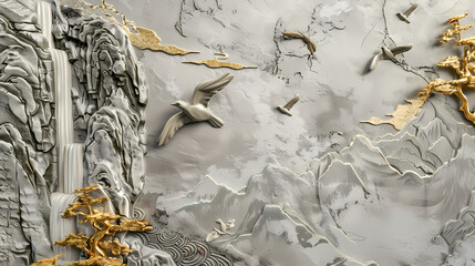 3d Bas-relief, Volumetric stucco molding on a concrete wall with golden elements, Japanese landscape, waterfall, mountains.
