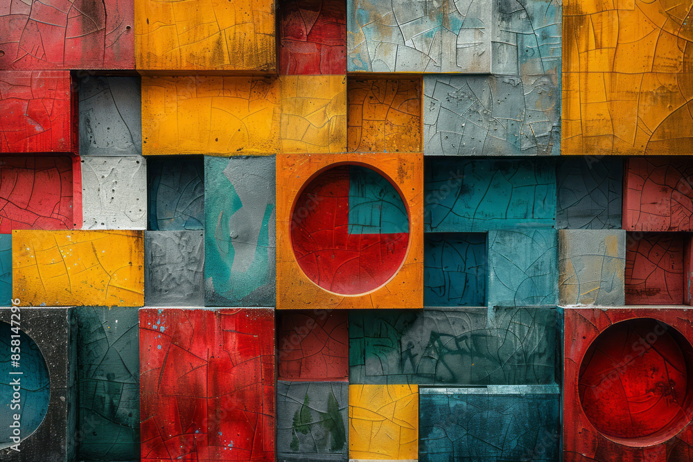 Aufkleber Abstract composition with 3D blocks and circles intersecting with squares,