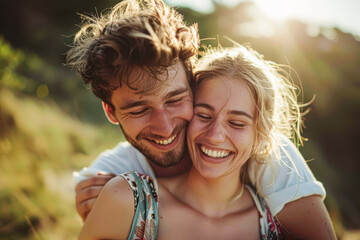 A man and a woman are hugging each other and smiling