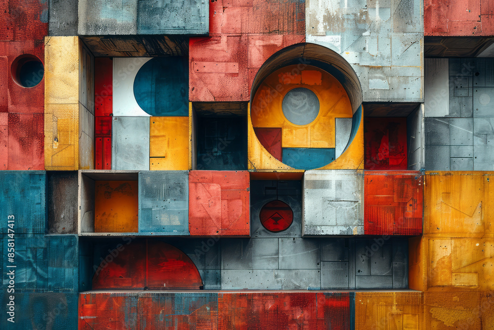 Aufkleber Abstract composition with 3D blocks and circles intersecting with squares,