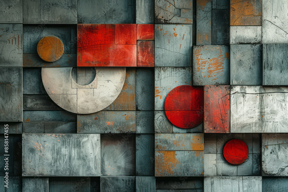 Aufkleber abstract composition with 3d blocks and circles intersecting with squares,
