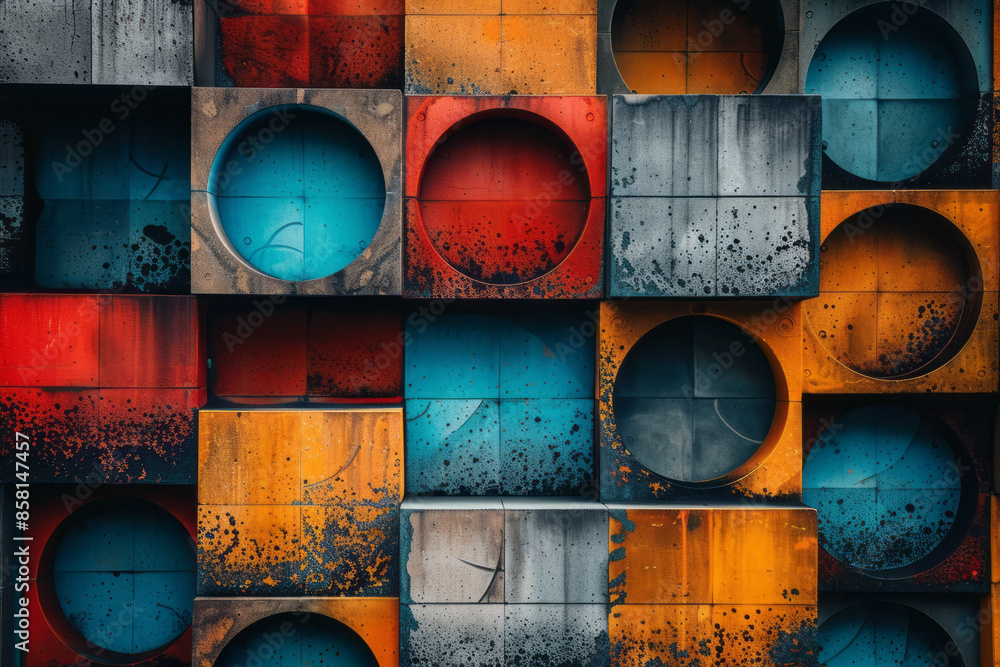 Aufkleber Geometric abstract design featuring 3D blocks, circles, and intersecting squares,