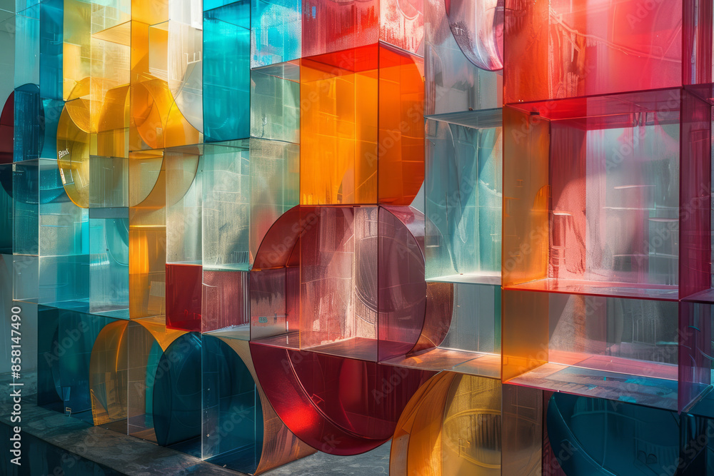 Aufkleber 3d geometric shapes, including blocks, circles, and intersecting squares, in an abstract composition