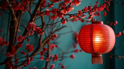Obraz premium Lantern with red plum blossom to celebrate Chinese lunar new year.