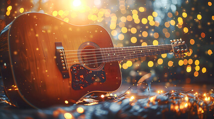 Acoustic guitar with festive lights and bokeh background creating a warm and cozy atmosphere